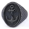 Detail of matte black stainless steel ring with embossed anchor design and honeycomb texture - US 7 / Black Anchor Style (18108黑色)