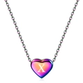 Detail of a rainbow stainless steel heart necklace featuring a white letter X charm on an O-chain - Letter X