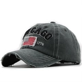 Casquette de baseball rétro grise délavée avec broderie Chicago et patch drapeau USA - Réglable / Vert Armée (JX-B444)