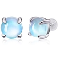 Orecchini a perno in argento 925 con pietra di luna blu rotonda e castone a quattro griffe - Pietra di luna (Con retro in silicone)