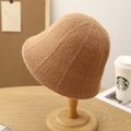 Winter camel knit bucket hat with thick waffle texture shown on a wooden stand - M(56-58cm) / Khaki