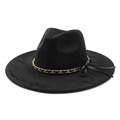 Cappello fedora classico in lana nera con catena dorata ed elegante fiocco laterale - M (56-59cm) / Nero (Camoscio)