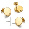 12mm golden round stainless steel earring post stud base with 1.3mm hole for DIY jewelry - 12mm Flat Round / Gold