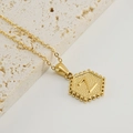 Gold stainless steel necklace with hexagonal pendant featuring embossed letter Z and beaded edge - Letter Z (Single Pendant)