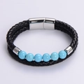 Detalle de la pulsera de cuero trenzado negro para hombre con cuentas de turquesa azul - Estilo Plateado C (Doble Vuelta Negro/Cierre Plata/Turquesa)