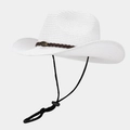 White woven straw cowboy hat with brown braided band and vintage metal ornament - One Size / White