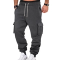 Detail of dark grey cargo sweatpants showing side flap pockets and elastic drawstring waist - Dark Gray