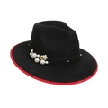 Black wool felt fedora hat with red trim and decorative pearl flower band - M (56-58cm) / Black (88 Series Pearl Flower Decor)