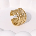 Retro hollow gold stainless steel wide band open ring with vintage floral patterns - Gold