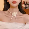 Elegant gold plated double fish tail necklace with pearls and white rose choker style - 24# Necklace - Rose Pearl Choker
