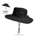 Black wide brim outdoor sun hat with mesh vents and adjustable windproof chin strap - Black