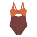 Mädchen Badeanzug einteilig in Terracotta und Burgund mit modischem Taillenausschnitt - 104 / Dunkelbraun