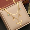 Double-layered gold stainless steel eagle cross and turquoise eye necklace on jewelry box - Double Layer Necklace-With Winged Cross/Turquoise (1# Necklace)