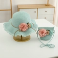 Summer mint green straw hat and matching floral bag set for girls with wavy brim - Blue Hat + Bag
