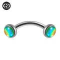 Macro shot of G23 titanium curved barbell with iridescent colorful beads for piercings - Double Head - Green Glitter Film