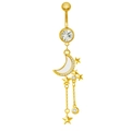 Goldener Bauchnabelpiercing mit Mond, Sternen, hängenden Ketten und Kristallen - Stern Mond Quaste