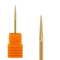 Detailed macro view of gold-plated carbide nail drill bit with fine cross-grid texture - Pointed Cone Style (HI-01)
