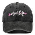Washed charcoal baseball cap featuring white momlife embroidery and pink heart arrow - Black