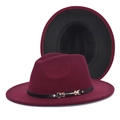 Detail of burgundy wool fedora featuring black leather band and gold metal buckle accent - Wine Red + Black