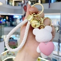 White knitted texture bear keychain with pink heart and gold metal ring for bags - White