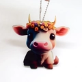 Colgante de vaca de dibujos animados en acrílico con corona de flores y cadena - Vaca con corona de flores