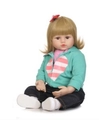 Lifelike toddler doll with blonde hair wearing a cyan hoodie and dark jeans - Orange Heart / 48cm