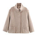 Women's light camel short wool blend coat with elegant stand collar and large pockets - XS