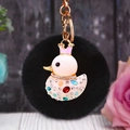 Cute duck keychain with golden crown, sparkling rhinestones and a soft black fur ball - Single OPP Bag Packaging / White Duck + Black Plush Ball
