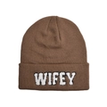 Close-up of the dark brown knitted beanie featuring white plush WIFEY letter embroidery - One Size / Coffee
