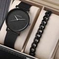 Geneva men's ultra-thin black mesh quartz watch and cuban link bracelet set in a gift box - Black Zirconia Set