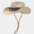 Beige straw cowboy hat with bohemian beaded band and windproof rope for sun protection - One Size / Beige
