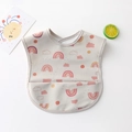 Waterproof baby bib in beige with rainbow patterns and a catch-all food pocket - Pu No-wash Abdomen - Mi Rainbow / One Size