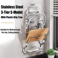 Wall-mounted 3-tier silver stainless steel pot lid rack with removable drip tray - S-Type 3-Tier (With Drip Tray)