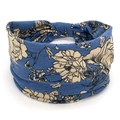 Bohemian style elastic wide headband featuring vintage beige floral print on grey blue fabric - 32-Blue Gray Floral
