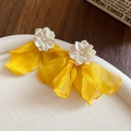 Floral crystal tassel earrings featuring yellow chiffon petals and resin stamen design - 32# Silver Earring Post - Yellow - Flower