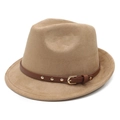 Retro khaki faux suede fedora hat with brown leather band and gold rivet details - M (56-58cm) / Camel