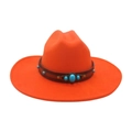 Orange felt western cowboy hat with brown leather band and turquoise stone accents - One Size / Orange