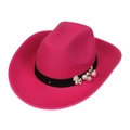 Pink wool felt western cowboy hat with black band, white pearls and floral accents - 105-Rose Red