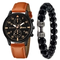 Men's fashion quartz watch with brown leather strap and black beaded dumbbell bracelet - Brown Strap Black Dial Rose Gold Hands + Bracelet