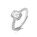 Detailed close-up of a halo ring with rectangular cubic zirconia and adjustable band - Adjustable Open / White Gold Quadrangle