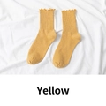 Japanese style ruffle edge crew socks in bright yellow with vertical ribbed cotton texture - One Size / Yellow