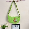 Neon green crescent dumpling bag with squirrel embroidery and adjustable shoulder strap - One Size / Green Squirrel