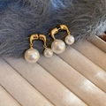 Exaggerated champagne gold metal earrings with asymmetric double white pearls - Style 133# S925 Silver Pin Gold Double Pearl Drop