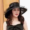 Elegant women's black wide brim lace sun hat with polka dot mesh for beach and summer - One Size / Black