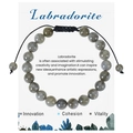 Detail of handmade labradorite bead bracelet on card showing blue flash and woven cord - Moonstone Bracelet