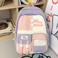 Cute purple, pink and beige patchwork school backpack with buckles for girls - Backpack / Purple