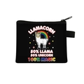Black polyester coin purse with colorful cartoon llama print and zipper closure - Black Rainbow Llamacorn