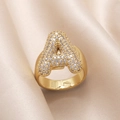 Gold-plated open ring with letter A design and sparkling pave cubic zirconia crystals - Small / Letter A
