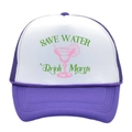 Purple and white trucker hat featuring SAVE WATER Drink Marg's cocktail print - Adult - Adjustable / Purple + White