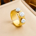 Vintage gold wide ring with three white marble stones and hammered metal texture - Hammered Triple White Turquoise Style (R524) / Adjustable Open